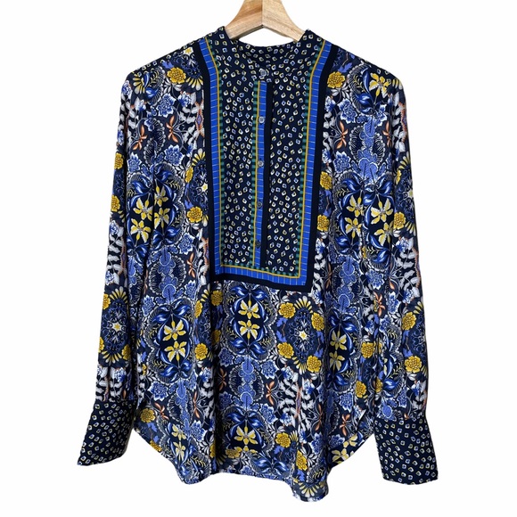 Loft Floral Mixed Print Popover Long Sleeve Blue Yellow - Picture 1 of 8